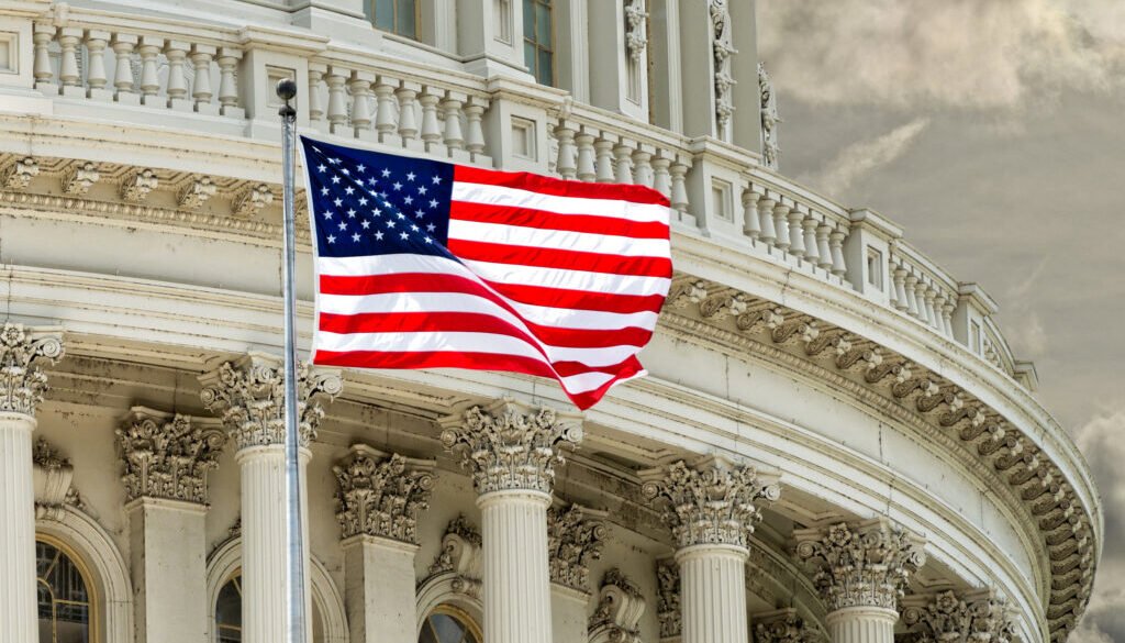 38419767 - washington dc capitol dome detail with waving american flag